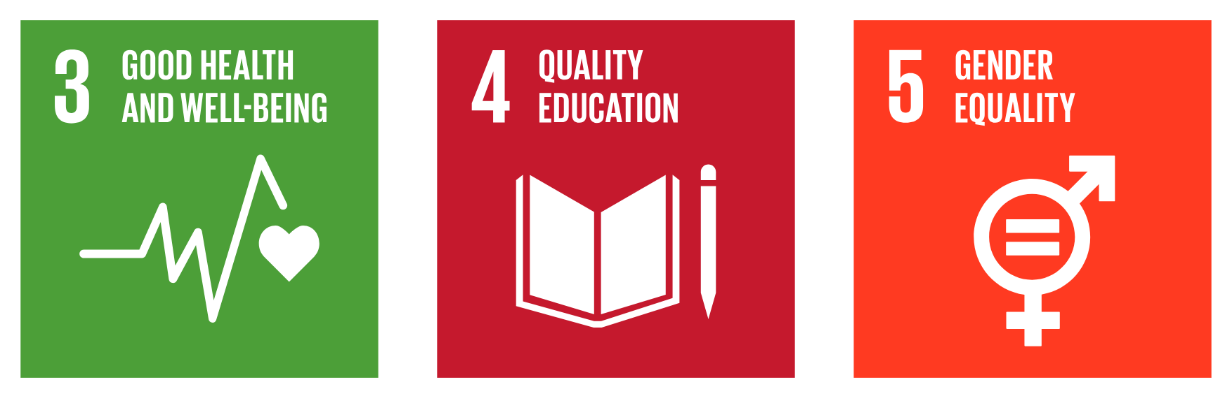 Les trois objectifs de développement durable des Nations unies : ODD 3, Bonne santé et bien-être ; ODD 4, Éducation de qualité ; ODD 5, Égalité entre les sexes.